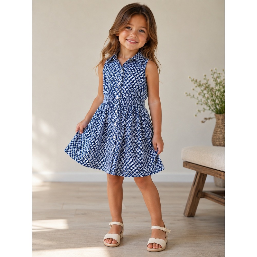YO BABY Geometric Shirt Dress Girls 4 Blue White NWT Sleeveless Casual A-Line